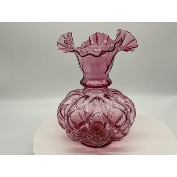 FENTON Cranberry Melon Vase Art Glass Optic Coin Dot Vase Ruffled Edge 8" Tall - Picture 6 of 16